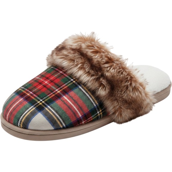 Pottery Barn Shoes - Pottery Barn Stewart Plaid Flannel Faux Fur Trim Slippers Red Green Small NEW